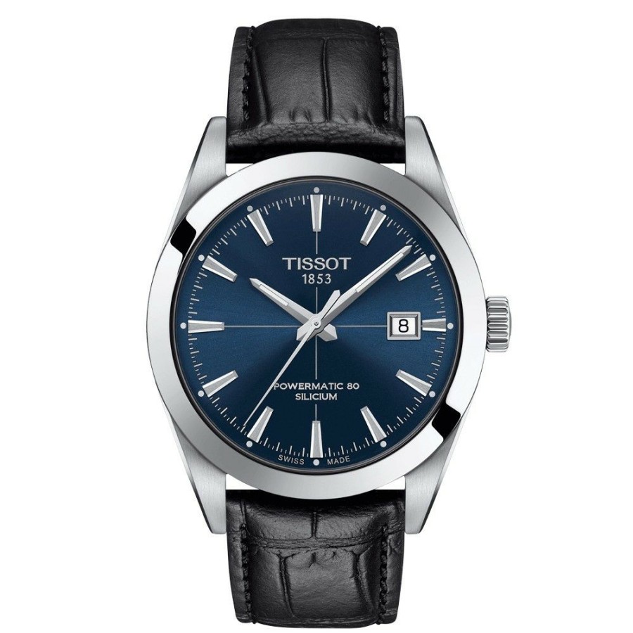 Bijoux TISSOT Homme | Montre Tissot T-Classic Gentleman Powermatic 80 Cadran Bleu Bracelet Cuir Noir 40 Mm